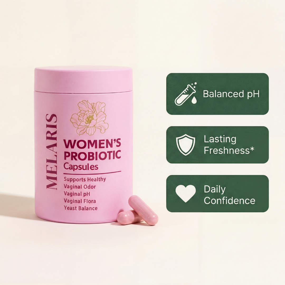 Melaris Flora Women's Probiotic supplement bottle for gut and vaginal health support.