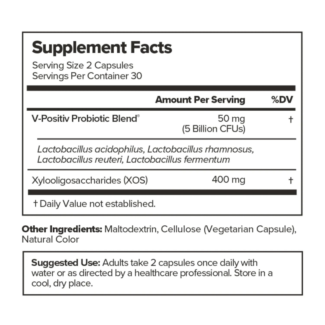 Nutrition facts and ingredient list for Melaris Flora Probiotic showing CFU count and bacterial strains.